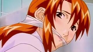 Red-haired anime lady ball-gagged and fucked in the kitchen